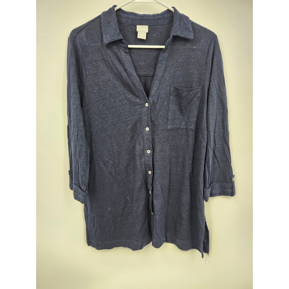 Chico's Linen Button Down Tunic Women Size 2 Large Navy Blue 3/4 Sleeve Pocket